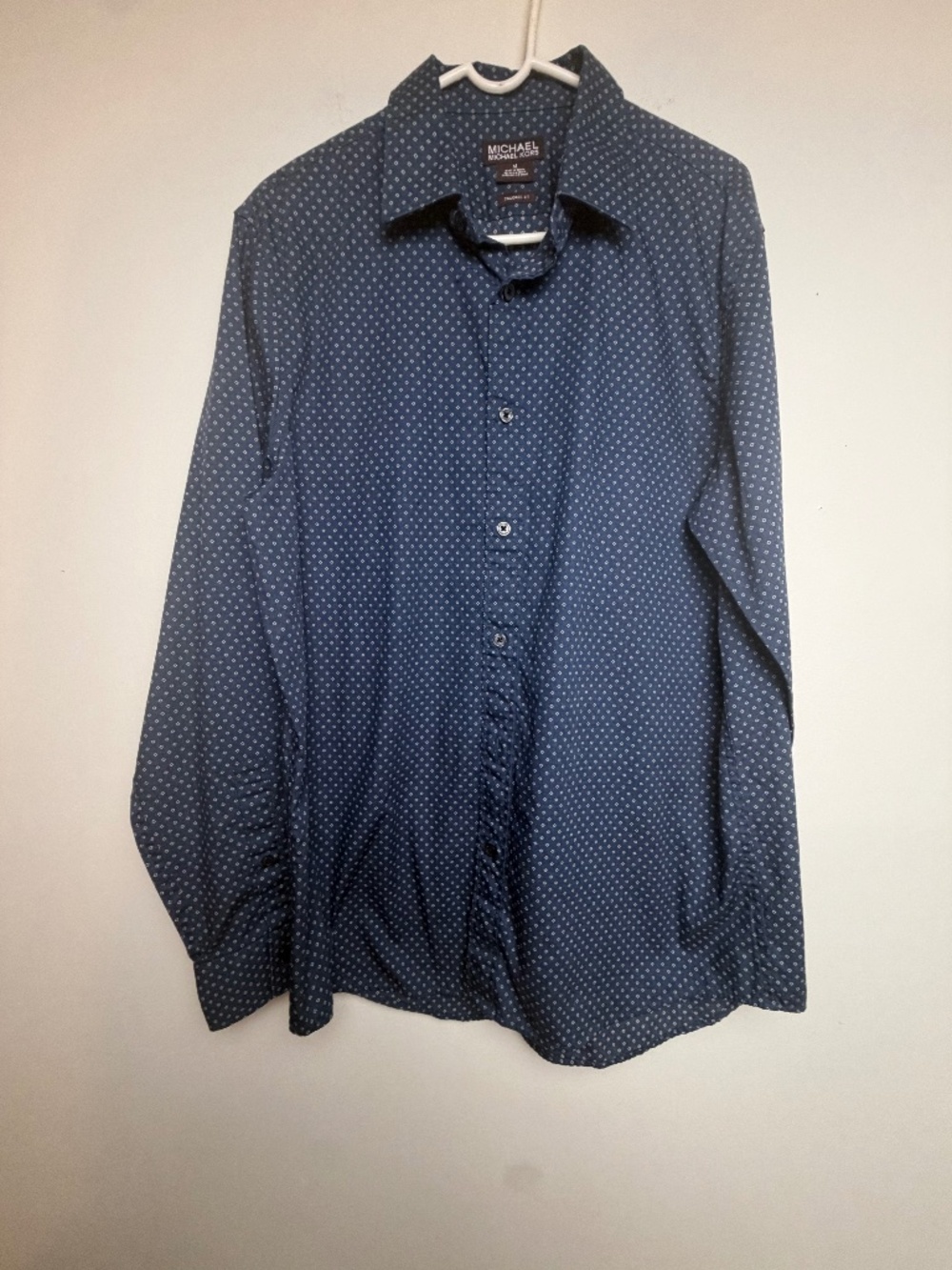 Michael Kors Mens Blue Geometric Diamond Dot Button Down Shirt Tailored Fit M